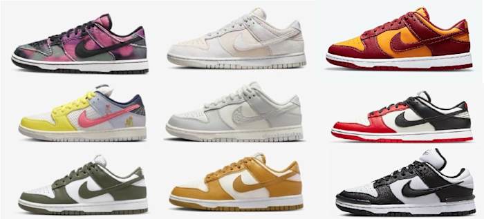 Side view of 9 Nike Dunk Low sneakers.